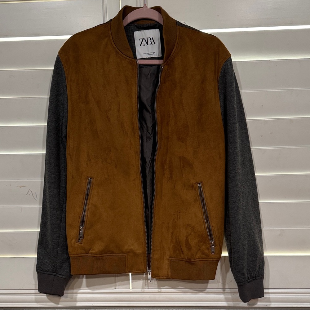 Zara Men's Brown and Gray Bomber Jacket